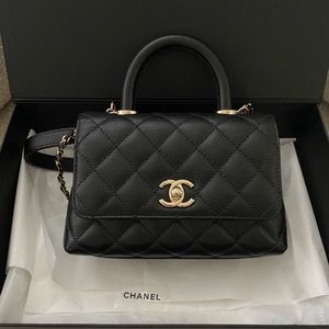 Chanel Black Quilted Grained Calfskin Mini Bag with Top Handle Gold Hardware